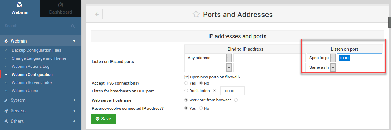 webmin ports