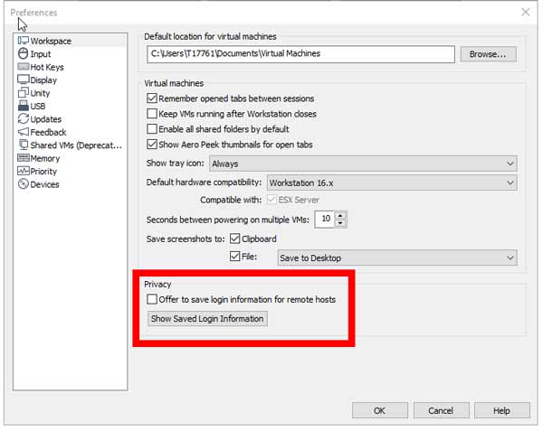 Saved Login ESXi VMware Setting