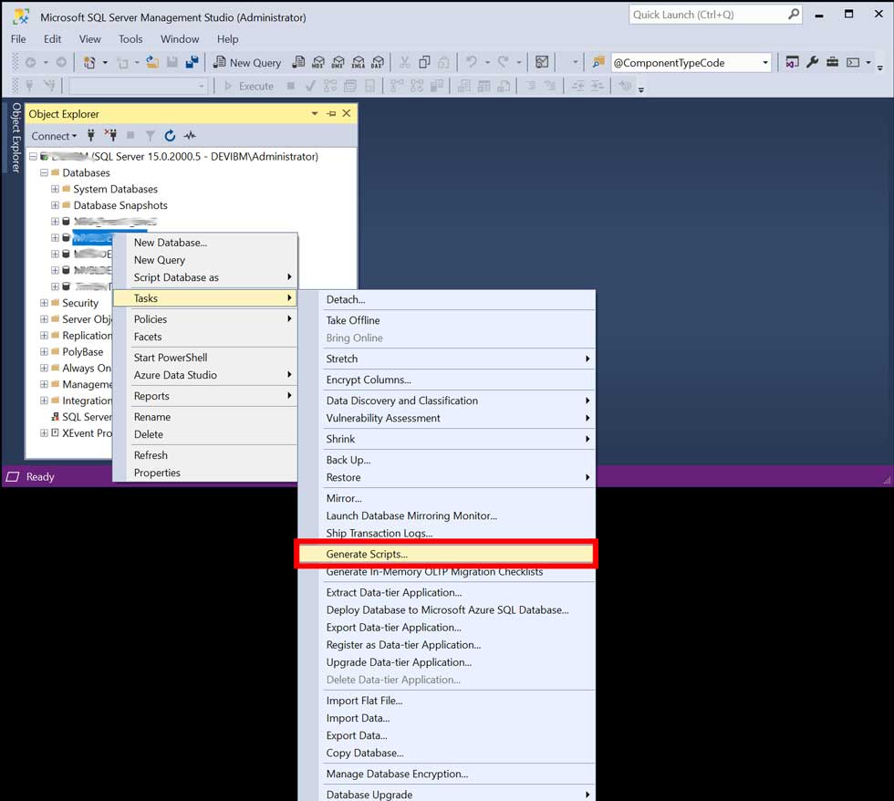 Downgrade version of the database of SQL Server Step 1